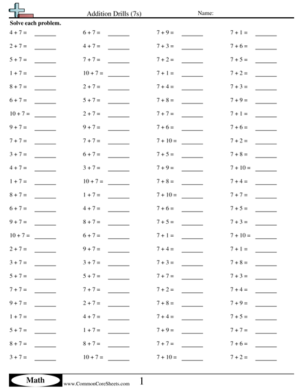 Math Drills Worksheets - 7s (horizontal) worksheet